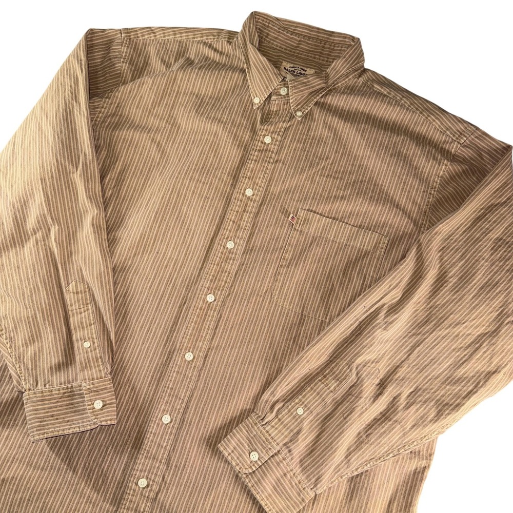 Ralph‎ Lauren Shirt Mens 2XLT Brown Striped Button Down Long Sleeve Casual